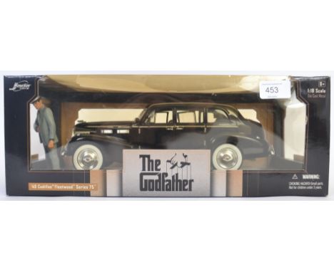 THE GODFATHER: A Jada Toys 1:18 scale diecast model ' The Godfather Cadillac Fleetwood ' model car and figure. Appears to be 