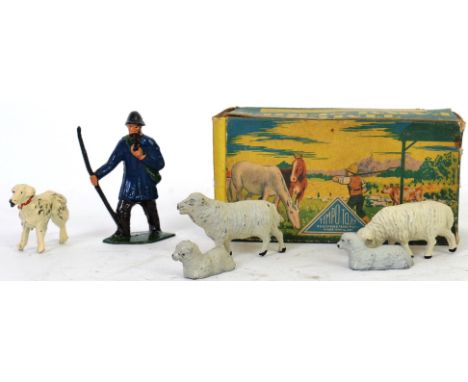 TIMPO; An original vintage Timpo Toys Farm Series MF181 Sheep Herding lead figure set - complete with 4x sheep, collie dog an