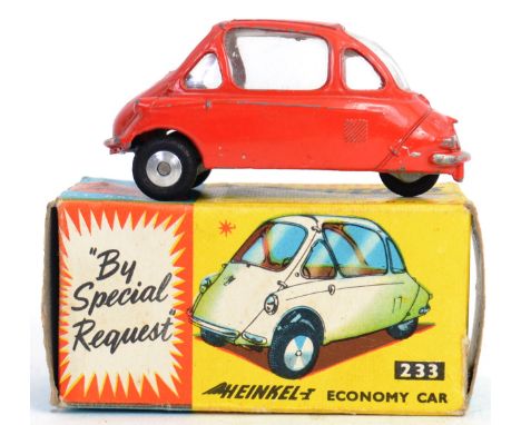 CORGI: An original vintage Corgi 233 Heinkel diecast model car, within the original box. Red variation, three wheeler. 