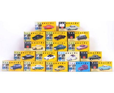 VANGUARDS: A collection of 17x 1:43 scale boxed Vanguards diecast model cars - to include Morris Minor, Ford Capri, Ford 100E