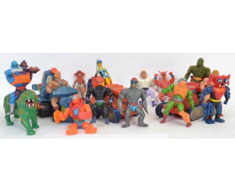 MASTERS OF THE UNIVERSE: A collection of 13x vintage Mattel Masters Of The Universe action figures, along with 3x playset veh