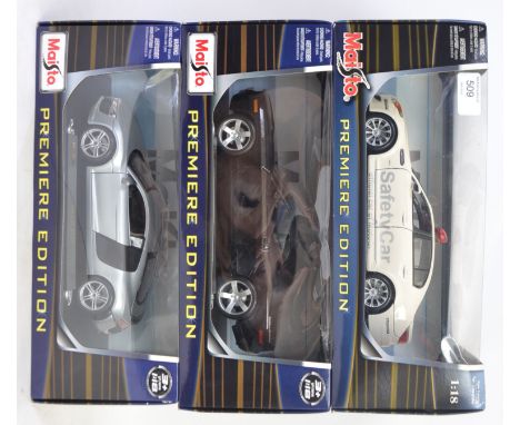 MAISTO PREMIERE EDITION: A collection of 3x Maisto 1:18 scale Premiere Edition diecast models; Audi R8, 2006 Dodge Challenger