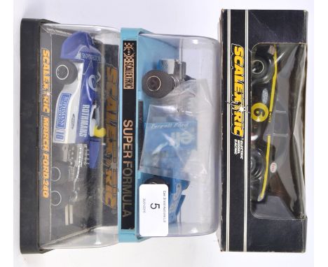SCALEXTRIC; A collection of 3x vintage boxed Scalextric slot car racing cars to include C052 Ford Escort Mexico, Super Formul