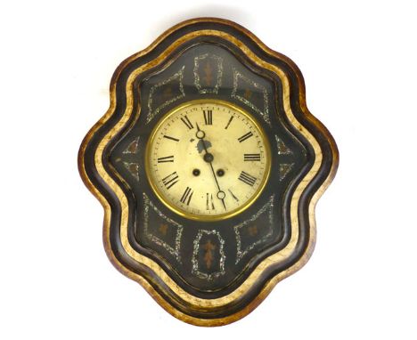 A French wall clock, late 19th century, painted 9" tin dial inside a shaped cartouche frame inlaid with mother of pearl and o
