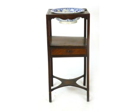 A mahogany wash stand, first half of 19th century, with a single drawer and shelf stretcher; together with a blue transfer pr