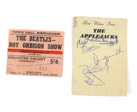 'The Applejacks', the Brumbeat Band, a card signed by all the members, together with a ticket for the Beatles Roy Orbison sho