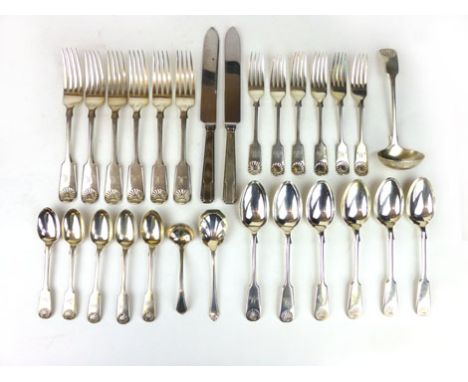 A matched silver part canteen of cutlery comprising, dessert spoons, dinner and dessert forks and teaspoons and a sauce ladle