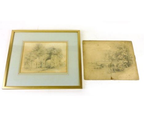 Thomas Baker of Leamington Spa, View of a castle gateway, inscribed T Baker, pencil drawing.  17 cm x 23 cm; together with 'L