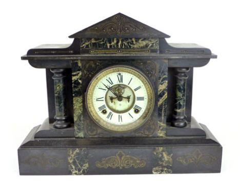 A black slate and marble inlaid mantle clock, late 19th century, of temple form, 4 1/2" ivorine chapter ring enclosing visibl