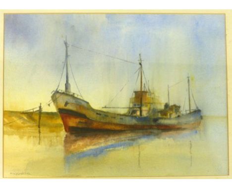 J Campfens, Dutch barge on the beach, signed lower left, oil on canvas.  31 cm x 41 cm; together with a watercolour of a traw