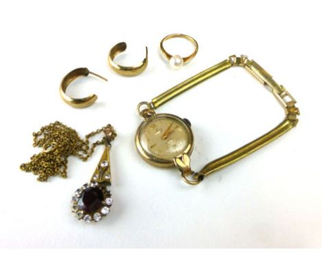 9ct gold and pearl mounted dress ring with a pair of earrings, pendant and chain and watch