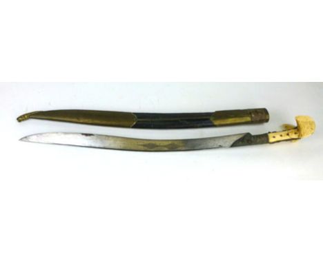 A 19th Century Turkish Ottoman Yatagan sword with bone grip and inlaid metal decoration, scabbard with fish head terminal, le