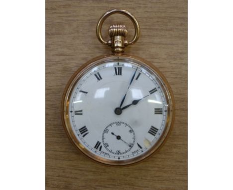 9ct gold cased open faced fob watch with an inscription to the inner case and 15 jewel movement, subsidiary second dial  COND