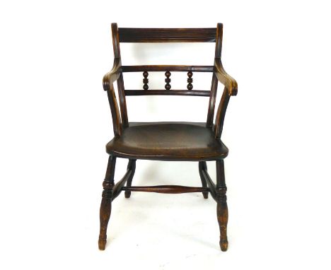 An ash and elm kitchen chair, 19th century, bar and bobbin turned back, solid seat and H-stretcher  CONDITION REPORT: Some jo