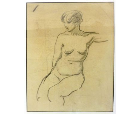 Early 20th Century Continental School,  Portrait of a seated female nude, charcoal on brown paper. 32 cm x 23 cm. CONDITION R