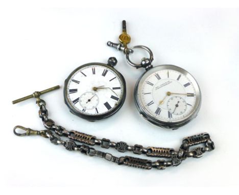 Two silver cased open faced fob watches, one inscribed K Jones and Cox of Worcester, together with a white metal watch chain.