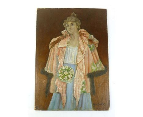 Frantisek Guyrkovits, Portrait of a well dressed young lady holding a bouquet of flowers, signed lower right, gallery label v