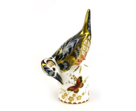 Greater Spotted Woodpecker, Royal Crown Derby paperweight, gold button, printed marks. h. 16 cm. CONDITION REPORT: Good