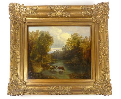 Attributed to Robert Herdman, Figures in a cart crossing a river, monogrammed in red lower right, attributed with a sticker v