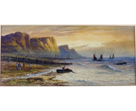 George Leonard Lewis, Beach scenes with boats and figures, signed and dated, watercolour, pair, 22cm x 51cm (2) CONDITION REP