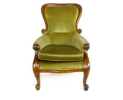 Victorian walnut framed gentleman's chair,button back, serpentine seat and scrolling legs CONDITION REPORT: Needs re-upholste