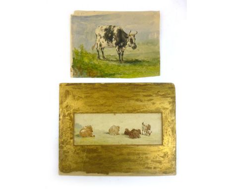 Attributed to Thomas Baker (? junior ?) Five cattle grazing, initialled lower left, pencil and watercolour.  8 cm x 23 cm; to