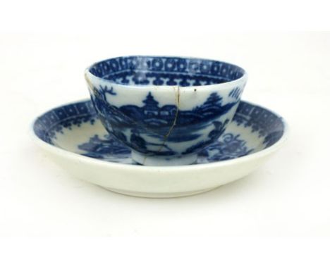 A Caughley child's tea bowl and saucer, late 18th century, blue transfer printed in the fisherman and cormorant pattern, blue