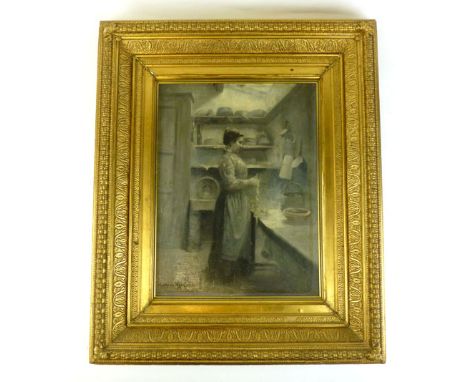 Circle of Carl Eugene de Mulertt, Mono chrome image of a cook in a kitchen, pots and pans beyond, signature and dated lower l