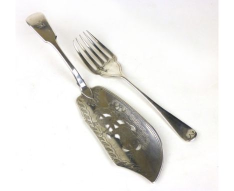 A George lll Irish silver fish slice, crested Dublin 1824, 161 gms; together with a silver plated fish serving fork.(2)