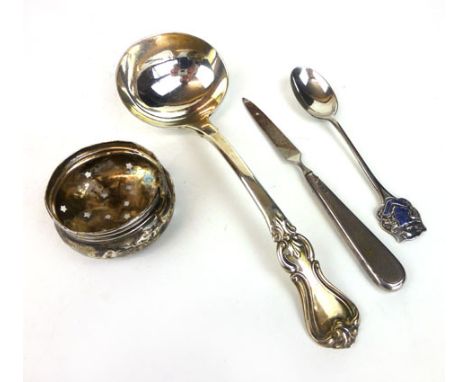 A small parcel of silver to include, a sauce ladle and three other items, various makers marks and years, total silver weight