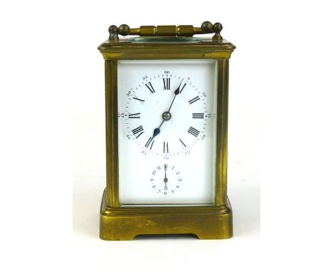 A French four pane brass carriage clock with alarm movement, white enamelled dial with subsidiary alarm dial. h. 13 cm exclud