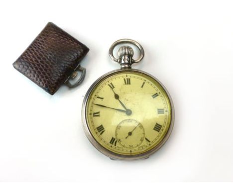 Silver cased pocket travelling clock, in crocodile skin case; together with a silver cased open faced fob watch (2) CONDITION