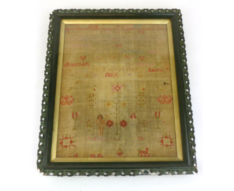 An early 19th Century sampler, dated 1819, by Johannah Barrow, with lines of alphabet above Adam and Eve. 34 cm x 27 cm. COND