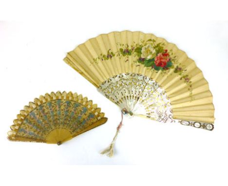 Two Victorian fans, the first with mother of pearl stick and florally painted silk panel, the second smaller with pierced tor