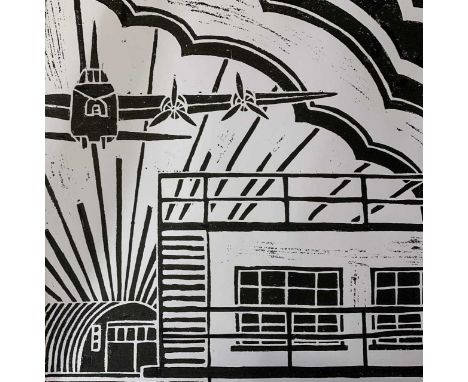 Lewis Orchard, Stirling Bomber over North Creake Airfield, Lino Print, mounted,12x12ins, unframed.