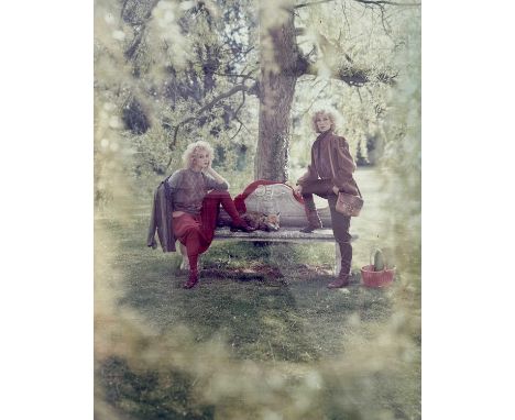 British photographic print, 'At Rowler 84', two women posing next to a fox along a bench, indistinctly signed on the mount, f