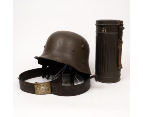 German M16 Pattern Steel Helmet, German WWII Gas Mask Cannister, German - Prussian Other Ranks Leather Belt/Buckle 1916