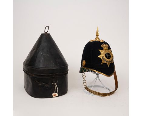 Royal Warwickshire Regiment Officers Blue Cloth Helmet in carrying tin made by Hobson &amp; Sons of Lexington Street London