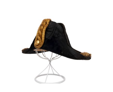 Royal Naval cocked bicorn fore and aft hat with gilt metal knot and bullion epaulettes in Japanned tin case, attributed to Co