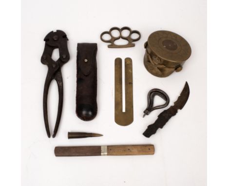 Trench Art - including WWI period wire cutter, trench knuckleduster, knife and fork set, shrapnel knife, decorative cap made 
