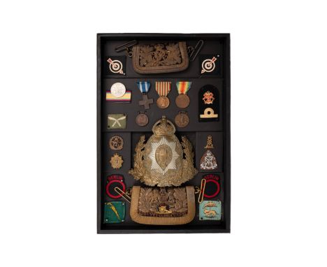 Belt pouches, helmet plate, medals and badges, housed in display box *All Badges etc. are sold as seen