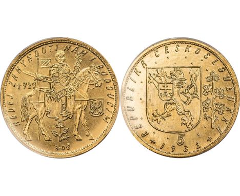 G FOREIGN COINS, Czechoslovakia, Republic, 5 dukats, 1932, Duke Wenceslas on horseback r., rev. shield of arms, denomination 