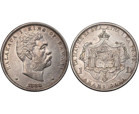  † FOREIGN COINS, Hawaii, Kalakaua, dollar, 1883, bare head r., rev. crowned shield with supporters on crowned mantle (KM.7),