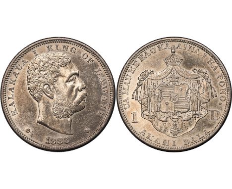  † FOREIGN COINS, Hawaii, Kalakaua, dollar, 1883, bare head r., rev. crowned shield with supporters on crowned mantle (KM.7),