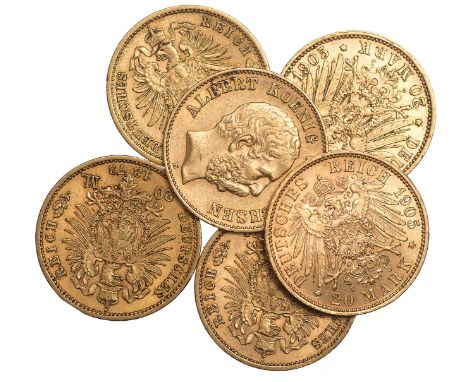 G FOREIGN COINS, Germany, Empire, Saxony, 20 marks (6): 1873E (3); 1894E; 1905E (2), bare head l./r., rev. crowned eagle with