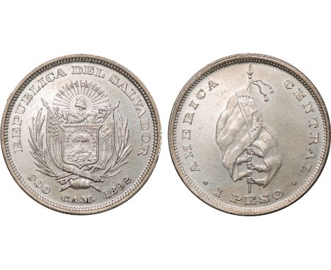 † FOREIGN COINS, El Salvador, Republic, peso, 1892 C.A.M., arms, rev. flag (KM.114), light brush marks in field, otherwise ab