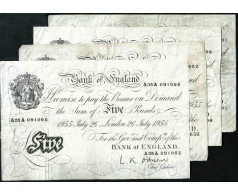 BANKNOTES, BRITISH NOTES, Bank of England, L. K. O’Brien, five pounds (4): 26 July 1955, A35A 091065; 31 December 1955, B72A 