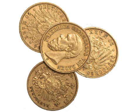 G FOREIGN COINS, Germany, Empire, Baden, 20 marks (4): 1872G (2); 1894G, bare head l., rev. crowned eagle with shield on brea