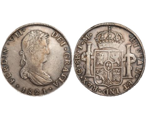  † FOREIGN COINS, Mexico, Ferdinand VII, 8 reales, 1821 JM, Guanajuato, laur. bust r., rev. crowned shield of arms flanked by