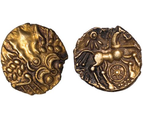 BRITISH COINS, Celtic, early uninscribed coinage, gold quarter stater, British ‘Remic’ type, disintegrated head of Apollo, re